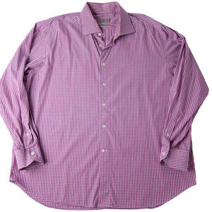 Canali Dress Shirt Men's 46 18 Pink Checkered Stretch Long Sleeve Classic Formal